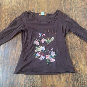 Vintage 90s y2k brown embroidered flowers with love you long sleeve